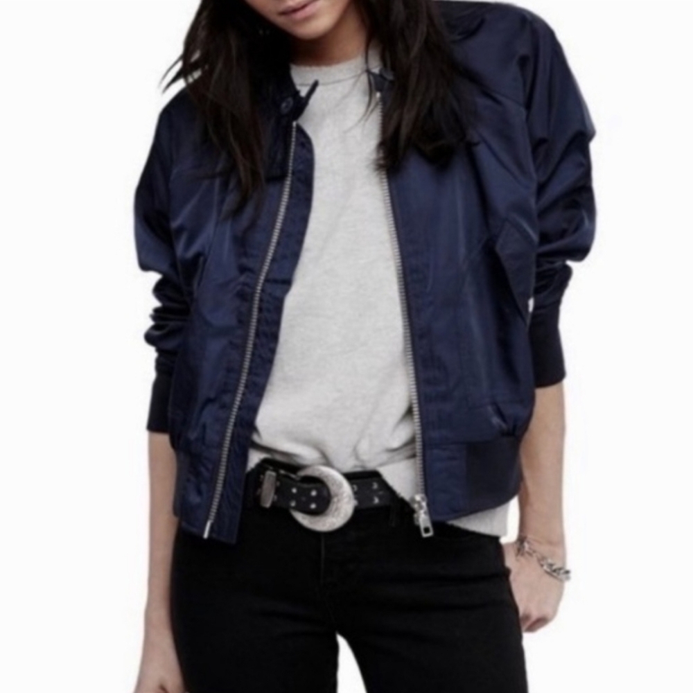 Free People Midnight Satin Bomber‎ Jacket Size S